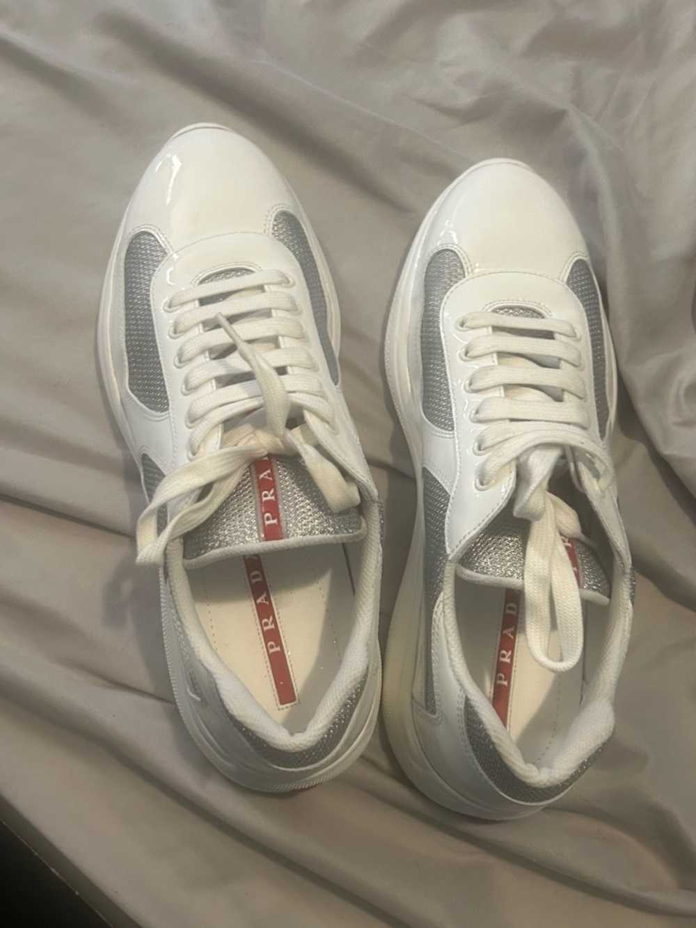 Prada White Slip-On Sneaker with Silver Mesh and Red Logo - Picture 11 of 14